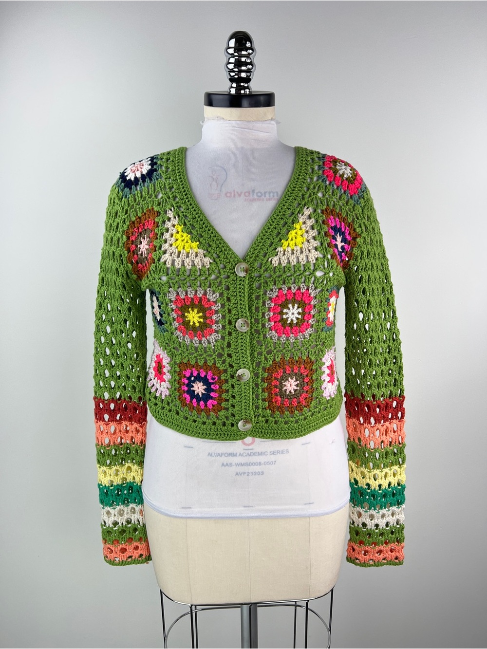 💚 3610. Green Crochet Granny Square Cardigan with Multicolor Accents